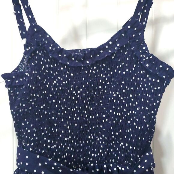 Navy spaghetti strap dress with white polka dots, Searsucker Gathered,size Lg. - Picture 3 of 8
